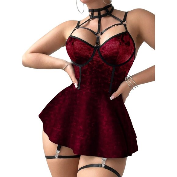 Women Red Velvet Strappy Leather Underwire Choker Garter Belt Lingerie Set Dress - Picture 4 of 6